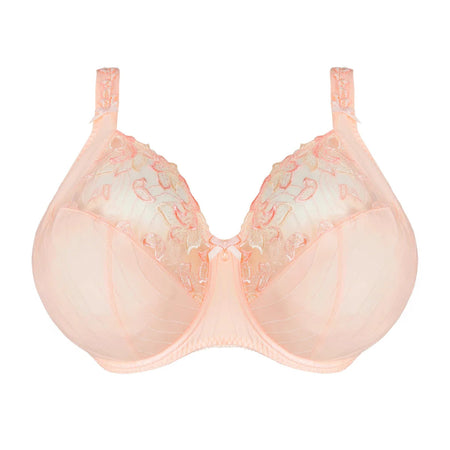 Pink bra with lace details on a white background