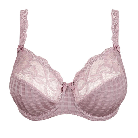 Pink lace bra on a white background