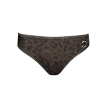 Load image into Gallery viewer, Leopard print bikini bottom with a gold buckle on a white background
