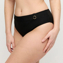 Load image into Gallery viewer, Black ribbed bikini bottom with a gold ring detail on a neutral background
