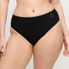 Load image into Gallery viewer, Black ribbed bikini bottom with a gold ring detail on a neutral background
