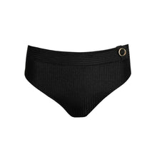 Load image into Gallery viewer, Black ribbed bikini bottom with a gold clasp on a white background
