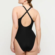 Load image into Gallery viewer, Black one-piece swimsuit with open back on a white background

