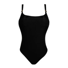 Load image into Gallery viewer, Black swimsuit with thin straps on a white background
