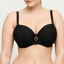 Load image into Gallery viewer, Black bra with a gold clasp worn by a person on a light gray background
