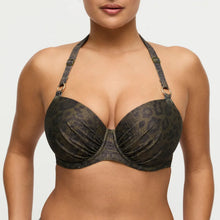 Load image into Gallery viewer, Woman wearing a dark patterned bra against a neutral background
