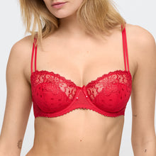 Load image into Gallery viewer, Red lace bra worn by a model on a white background
