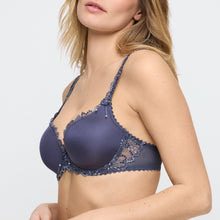 Load image into Gallery viewer, Woman wearing a dark blue bra with lace details on a white background
