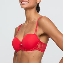 Load image into Gallery viewer, Red bra with lace details worn by a model on a plain background
