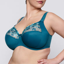 Load image into Gallery viewer, Teal bra with lace detailing on a plain background
