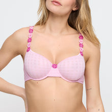 Load image into Gallery viewer, Woman wearing a pink bra with floral straps on a white background
