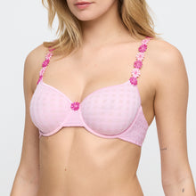 Load image into Gallery viewer, Pink bra with floral straps worn by a model on a white background
