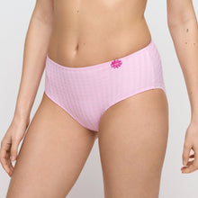 Load image into Gallery viewer, Pink bikini bottom with a floral design on a plain background
