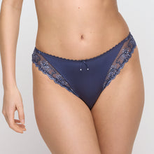 Load image into Gallery viewer, Navy blue lace underwear on a plain background
