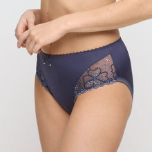 Load image into Gallery viewer, Navy blue lace-trimmed underwear on a plain background
