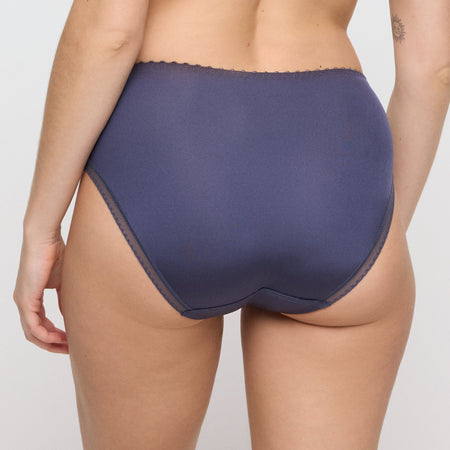 Navy blue high-waisted underwear on a plain background