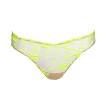 Load image into Gallery viewer, Shay rio brief in Radiance is a sheer nude brief with radiant yellow floral embroidery on the front. The back is nude in sheer tulle without embroidery. It has a 100% cotton gusset.
