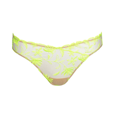 Shay rio brief in Radiance is a sheer nude brief with radiant yellow floral embroidery on the front. The back is nude in sheer tulle without embroidery. It has a 100% cotton gusset.