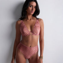 Load image into Gallery viewer, Image of a model wearing the Aubade Crazy in Love single wire triangle bra and matching high-wasted luxury g/string.
