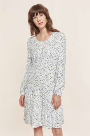Pure cotton long sleeve short nightgown with flaired skirt detail. 