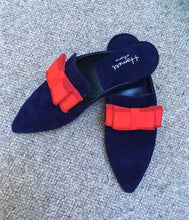 Load image into Gallery viewer, All suede leather slippers, upper, insole and sole. The insole is cushioned for extra comfort. Navy blue pointed toe, with grosgrain crimson bow.
