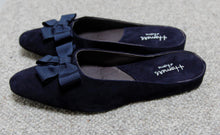 Load image into Gallery viewer, All suede leather slippers, upper, insole and sole. The insole is cushioned for extra comfort. Navy blue pointed toe, with grosgrain navy bow.
