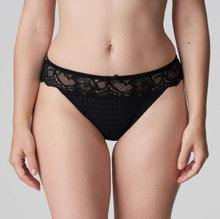 Load image into Gallery viewer, This G/String leaves the bottom uncovered and makes the leg appear longer. Sexy yet discreet, with a super lacy look. Non bulky under clothing.  Fabric content: Polyamide: 73%, Elastane:19%, Cotton: 8%. Black.
