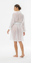 Load image into Gallery viewer, Short (102cm), Kimono Style short robe. Perfectly plain and simple. The robe has belt and pocket. No frills, just style. Made in Germany from the finest mousseline, this short, diaphanous robe is a 100% pure cotton. It offers the wearer perfect cover without heaviness.
