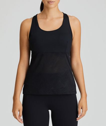 Sports Racer Back Tank Top. This tank top has a modern graphic look with a sporty racer back. Comfy and stylish.  Wash at 30°C Polyamide: 80%, Elastane: 20%