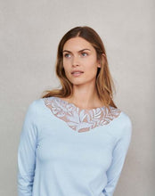 Load image into Gallery viewer, Made from 100% soft mercerised knitted Supima* cotton, these lace collared pyjamas are the perfect item for lounging or sound sleep. Gentle rounded collar, long sleeves and with loose fitting trousers, elasticated at the waist.

