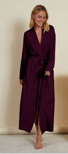 Prune. Full length Cashmere/Wool Kimono style dressing gown. There are two patch pockets at the front, and a slim belt at the waist.  The comfort and absolute softness of this robe makes it ideal for staying stylish, warm and comfortable at home.  50% Cashmere, 50% Wool 125cm in length Machine washable