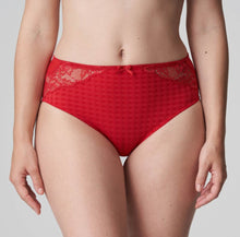Load image into Gallery viewer, These full briefs come higher than the Rio briefs and are an incredibly comfortable fit. A very elegant way to cover the tummy. The lace detail adds to this elegant piece of lingerie.  Fabric Content: Polyamide: 72%, Elastane: 23%, Cotton: 5%. Scarlet.
