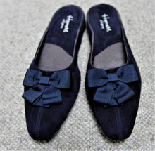 Load image into Gallery viewer, All suede leather slippers, upper, insole and sole. The insole is cushioned for extra comfort. Navy blue pointed toe, with grosgrain navy bow.
