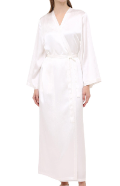 Kimono style collarless full length classic style pure silk Dressing Gown.  It is belted at the waist and with a side pocket. 