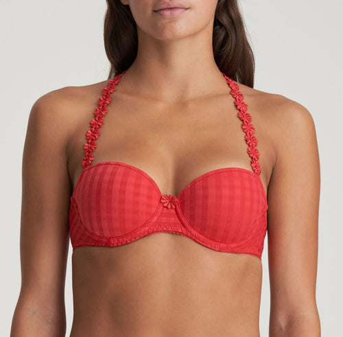 Smooth formed cup underwire balconnet bra with daisy strap detail. This underwire bra may be converted to a halter strap. This bra has the added advantage that it may be used as a halter or crossed over at the back.  Fabric Content: Polyester: 53%, Polyamide: 39%, Elastane: 8%