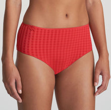 Load image into Gallery viewer, These are a full brief with a wide hip detail and are worn higher on the waist but also cover the bottom completely. They are totally opaque, but with the characteristic An Avero daisy on the waist completes the picture!  Fabric Content: Polyamide: 79%, Elastane: 17%, Cotton: 4%. Scarlet. 
