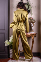 Load image into Gallery viewer, Classic &#39;men&#39;s style&#39; pyjamas, but with some elegant extra features. They are made from 100% pure heavy weight silk. They have a revere collar with beautiful stitching detail. An elasticated waist with a flat front panel for extra smoothness when sleeping. The trouser legs are stylishly wide for extra comfort and movement. Two front pockets on the jacket and a belt at the waist finish.
