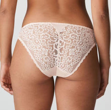 Load image into Gallery viewer, Italian bikini style Rio briefs with hip vintage look. The front is in glossy satin fabric, lace with an oversized nineties pattern on the side sections and bottom.
