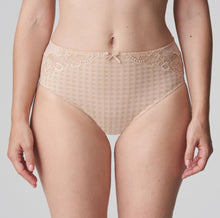 Load image into Gallery viewer, These full briefs come higher than the Rio briefs and are an incredibly comfortable fit. A very elegant way to cover the tummy. The lace detail adds to this elegant piece of lingerie.  Fabric Content: Polyamide: 72%, Elastane: 23%, Cotton: 5%. Caffé Latte.
