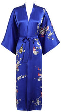 Load image into Gallery viewer, 100% Pure Silk Kimono. Digitally printed with a traditional Japanese Cherry Blossom pattern. Wide sleeves, oblique pockets on each side, belted at the waist and with a hanging hook at the collar. French seams throughout.
