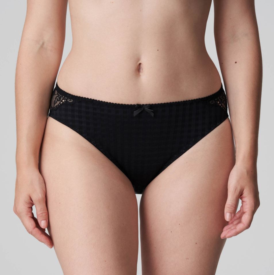 Bikini style Rio briefs in a checked fabric, luxuriously finished with stretch lace all the way to the back.