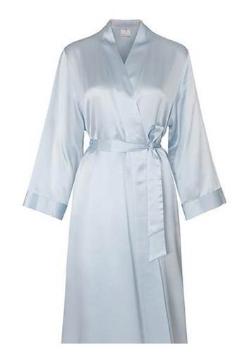100% pure satin silk full length kimono style dressing gown, side pockets and belted at the waist. 