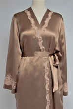 Load image into Gallery viewer, Full length dressing gown in pure silk satin in collarless kimono style.  2 side pockets and belted at the waist.
