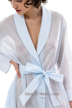 Load image into Gallery viewer, Full length (130cm), shawl collar robe. Elegant style with no fuss. Wide belt at the waist and with a size pocket. This robe complements beautifully all the Celestine nightgowns  Made in Germany from the finest mousseline, this full length, diaphanous dressing gown is a 100% pure cotton. It offers the wearer perfect cover without heaviness.
