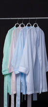 Load image into Gallery viewer, Short (90cm), Kimono Style short robe. Perfectly plain and simple. The robe has wide kimono style flat collar, is belted and has one pocket. No frills, just style. Made in Germany from the finest mousseline, this short, diaphanous robe is a 100% pure cotton. It offers the wearer perfect cover without heaviness.
