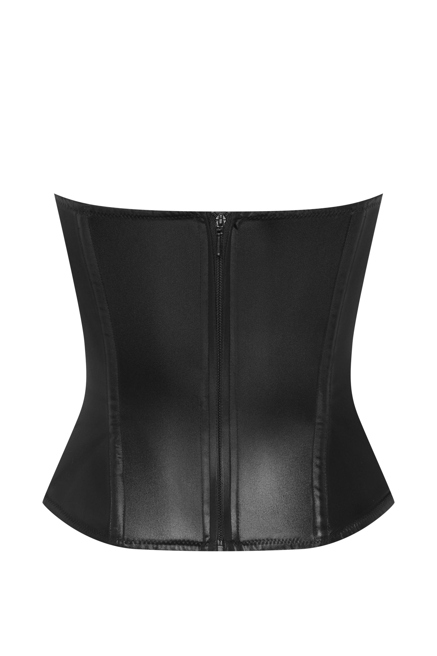 Black traditional corset made the French way. It has a leather appearance, giving a wetlook sheen. 