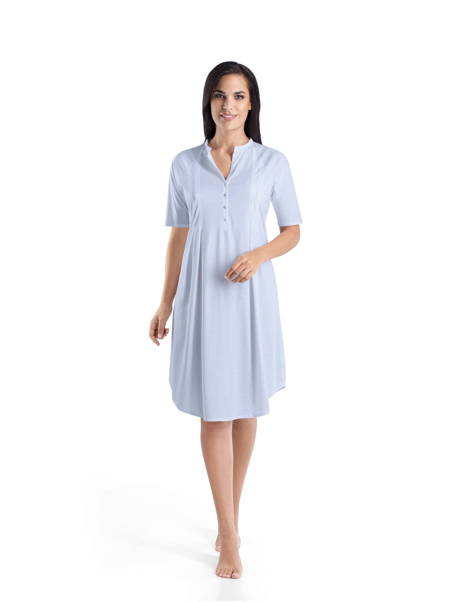 100% mercerised pima cotton, short sleeve button front nightgown. 100cm length. Blue Glow.