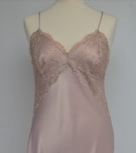 Load image into Gallery viewer, Full length speghetti strap pure silk nightgown. Bias cut with contrasting lace on the bust.
