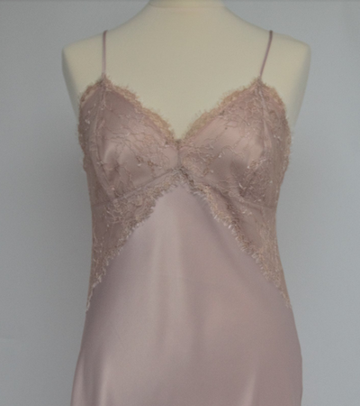 Full length speghetti strap pure silk nightgown. Bias cut with contrasting lace on the bust.