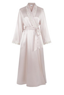 Classical, shawl collar, full length pure silk satin dressing gown, with lace detail on the lapels of contrasting crépe de chine silk. The belt and cuffs are also in this crépe de chine contrasting texture. Elegant and stylish, but also with the full warmth of pure silk. Belted at the waist with pockets to each side. This dressing gown is in a rich rose colour with matching rose lace.